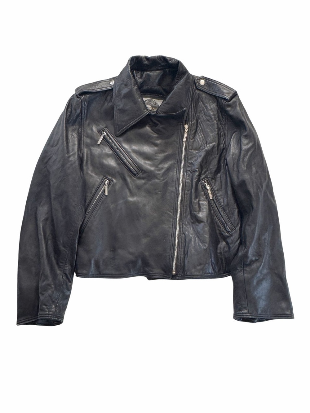 Vintage 80s Black Leather Motorcycle Jacket Asymmetric Zip Biker Moto Size 12